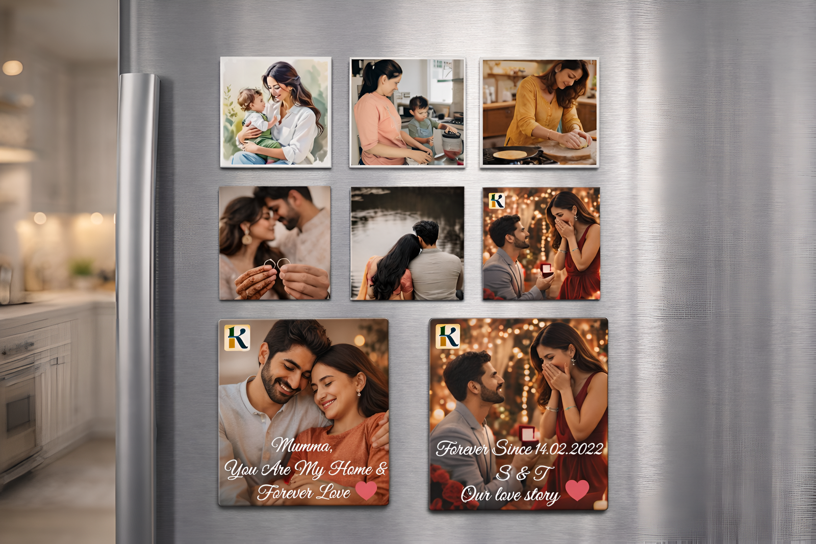 Valentine’s themed personalized fridge magnet displayed on a modern refrigerator