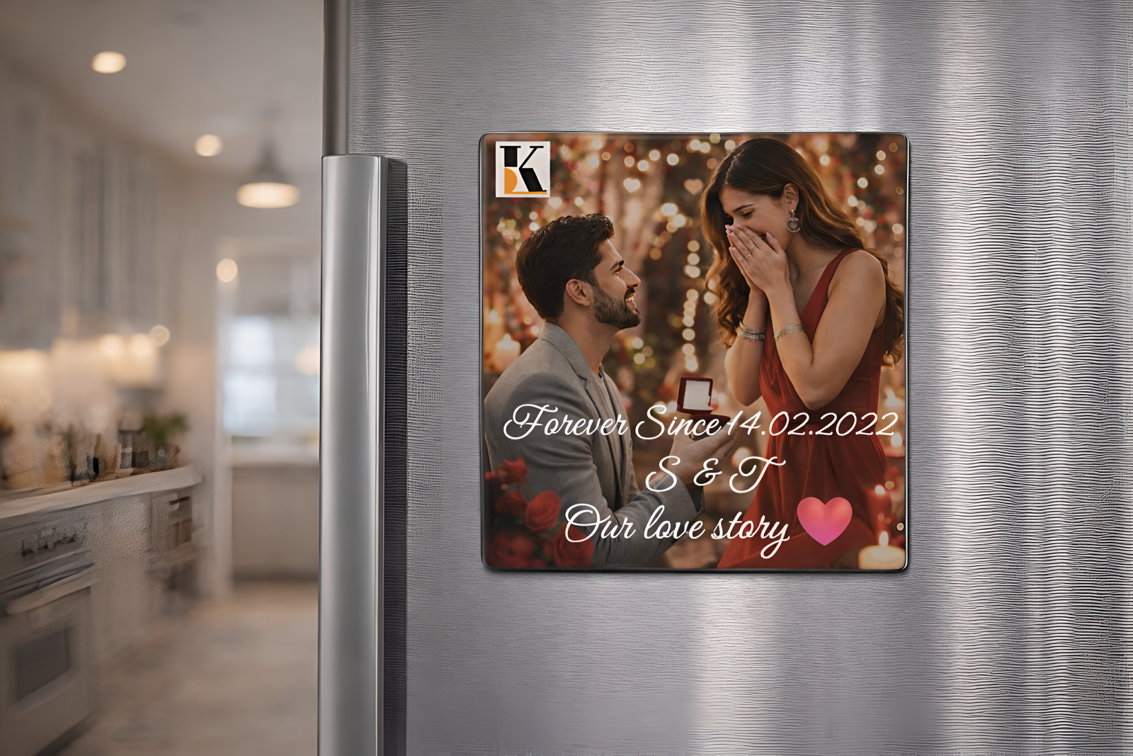 Valentine’s themed personalized fridge magnet displayed on a modern refrigerator with soft pastel colors