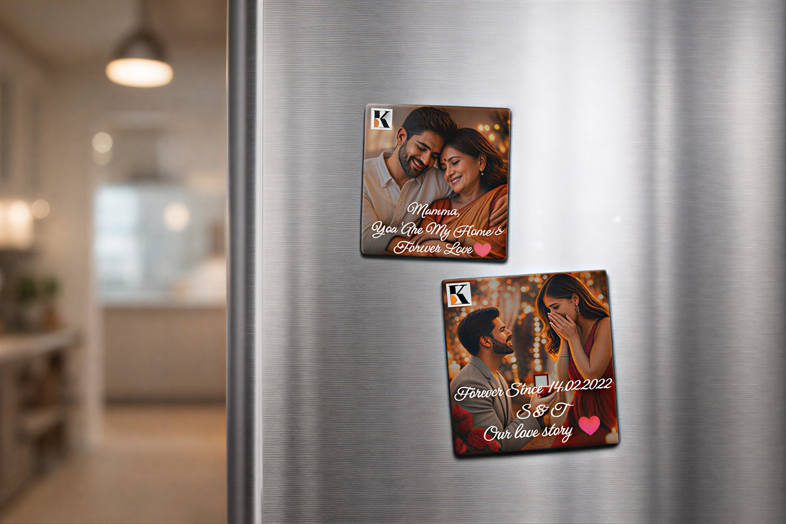 Valentine’s themed personalized fridge magnet displayed on a modern refrigerator
