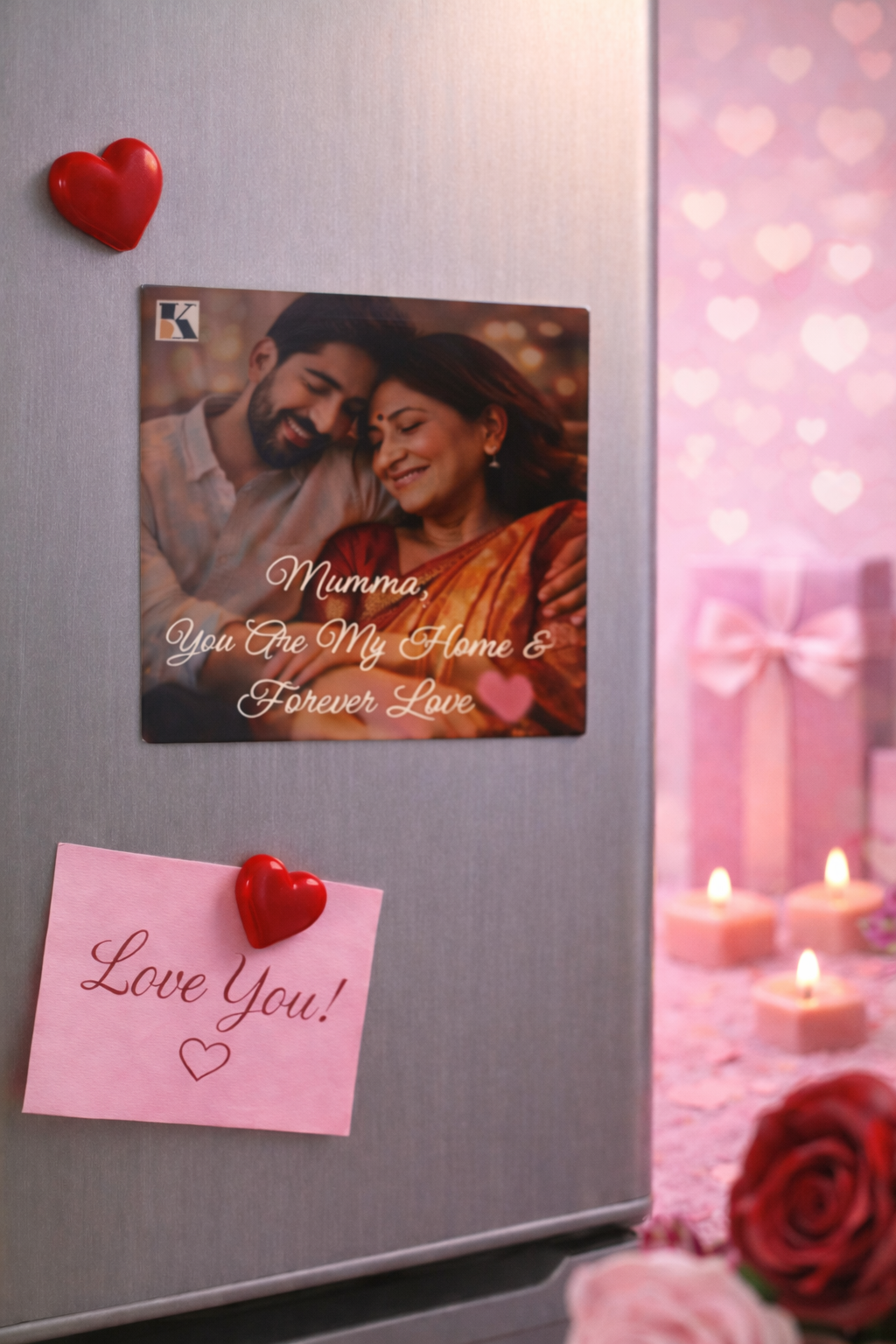 Valentine’s themed personalized fridge magnet displayed on a modern refrigerator with soft pastel colors