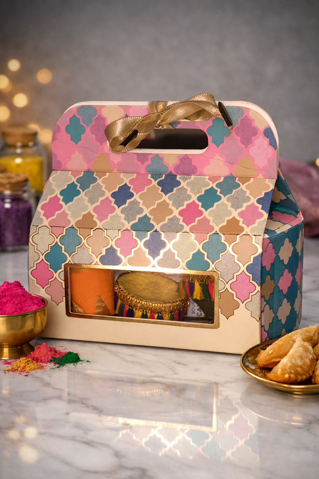 Holi gift hamper with colors, sweets and festive essentials
