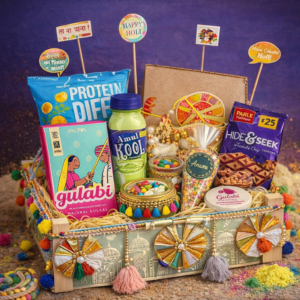 Premium Holi gift hamper with herbal gulal, thandai, sweets and festive decor