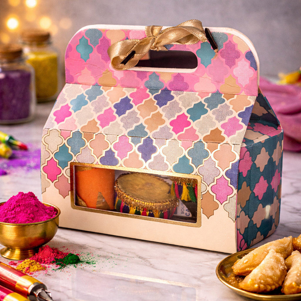 Holi gift hamper with colors, sweets and festive essentials