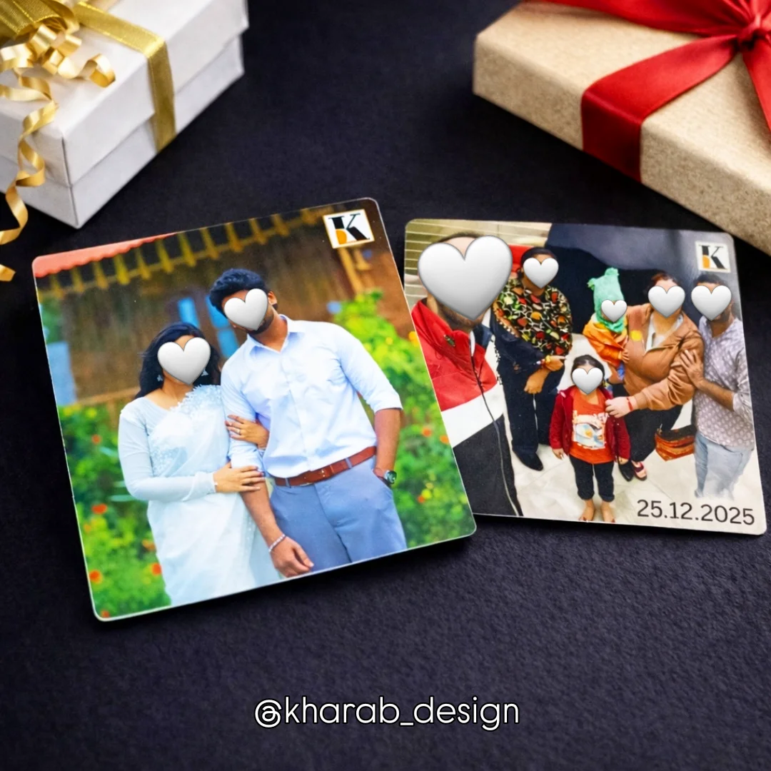 Personalized magnetic stickers arranged in a balanced grid on a beige kitchen refrigerator background