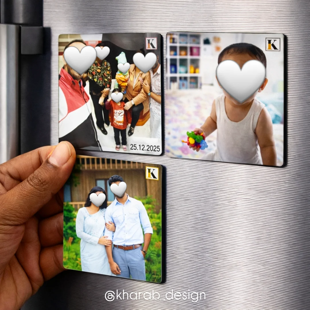 Personalized magnetic stickers arranged in a balanced grid on a beige kitchen refrigerator background