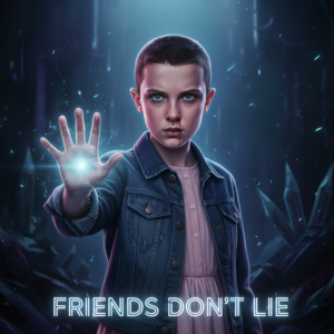 Cartoon Eleven Stranger Things fridge magnet with pink dress and powers