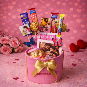 Personalized Valentine’s hamper with photo gifts, décor items, and chocolates