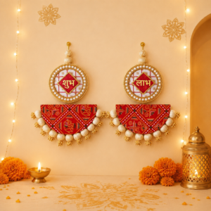 10 inch handcrafted Shubh Labh wall hanging with double Chundri print for Diwali