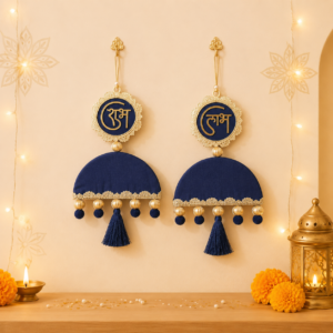 10 inch handcrafted double Shubh Labh wall hanging set in royal blue for Diwali