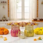 Damru pink and yellow tea light candle holder for Diwali decoration