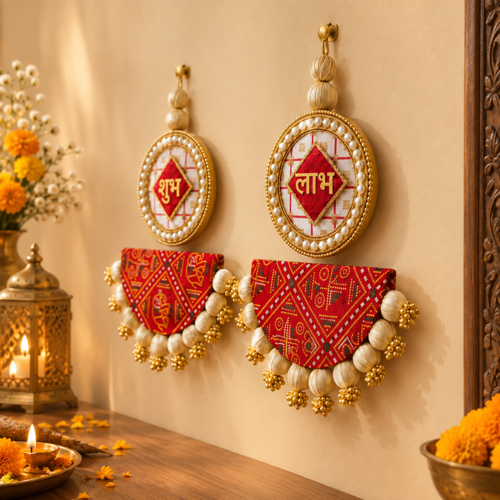 10 inch handcrafted Shubh Labh wall hanging with double Chundri print for Diwali